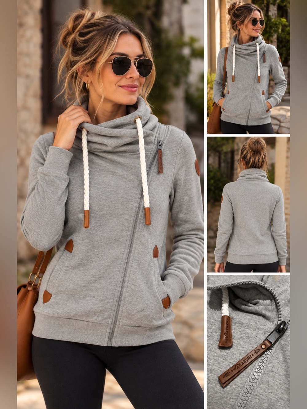 Wanakome Athena Full-Zip Hoodie Gray Cowl Neck small